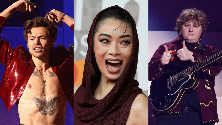 Three photos, one of Harry Styles performing, Rina Sawayama smiling and Lewis Capaldi giving a thumbs up. 
