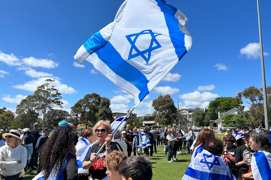 Members of a crowd of about 200 people fly Israeli flags in a park on a sunny day.