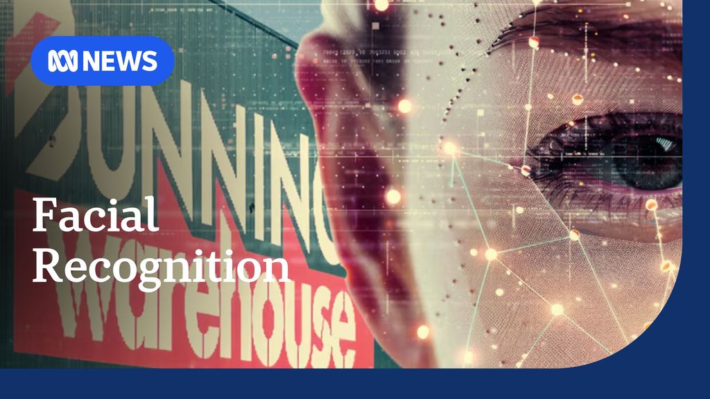 Facial Recognition: Bunnings branding with composite image of a woman's eye and graphic nodes superimposed on it.