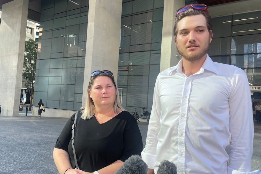 Benjamin Suttie's son Zac Elder and sister Jody Proctor outside the Supreme Court of Queensland in Brisbane