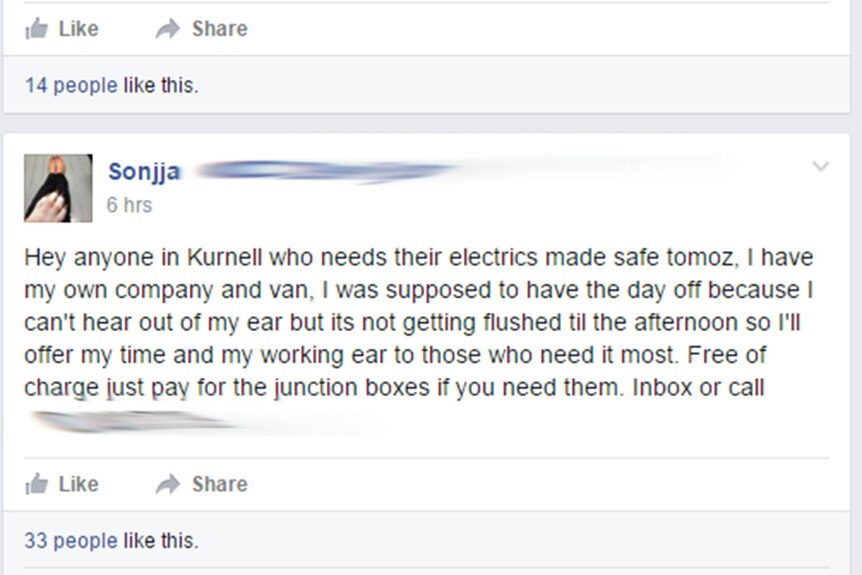 An electrician offers her services to the Kurnellians Facebook group.