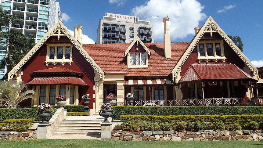 Red and white Shafston House at Kangaroo Point in Brisbane on a sunny day