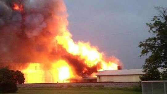 Buildings burn after a fertiliser plant explosion in Waco.