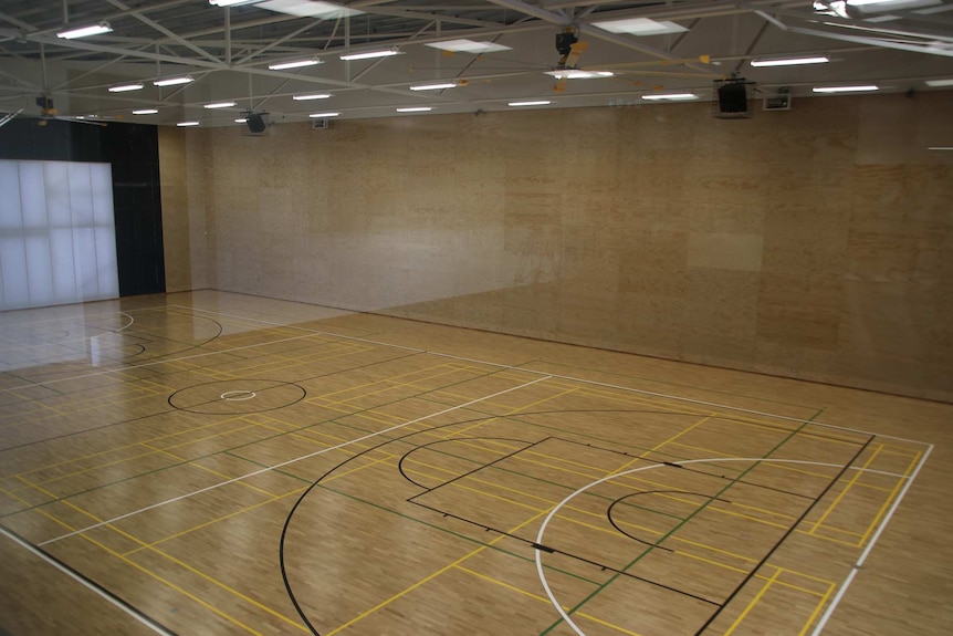 A wide shot of the gymnasium hall at the new Bob Hawke College.