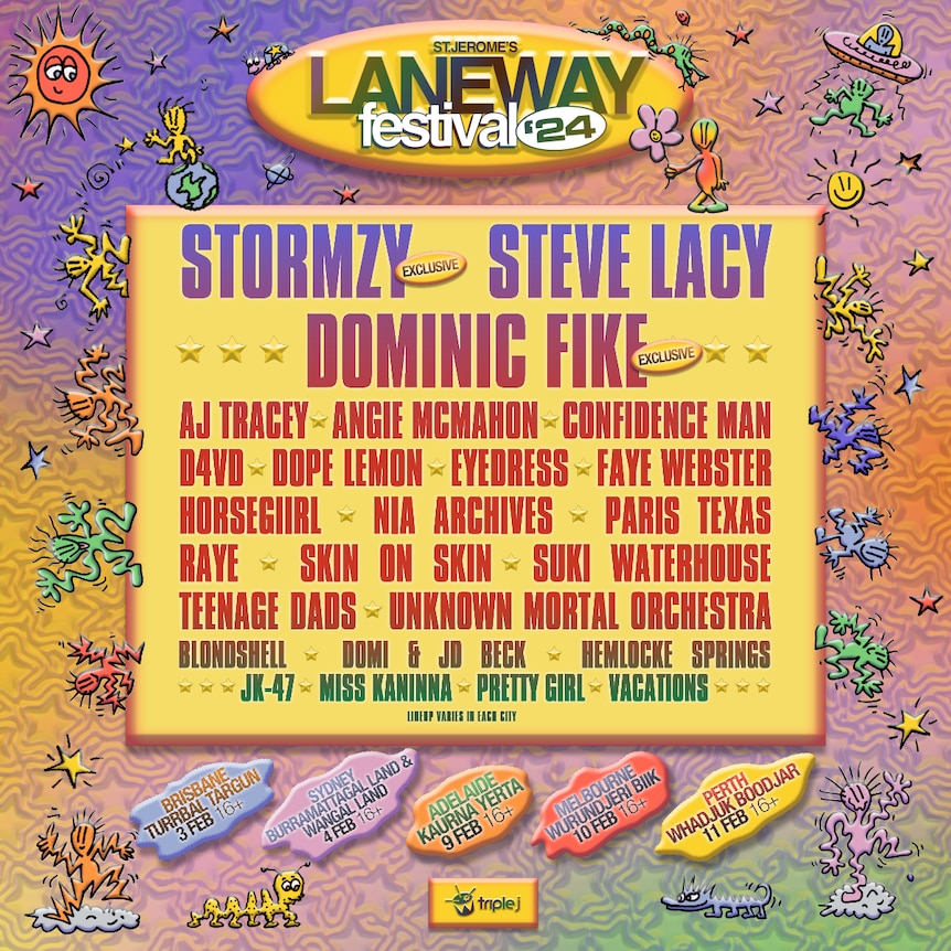 Line-up poster for Laneway Festival 2024 featuring artist names in purple, red and green text on yellow box