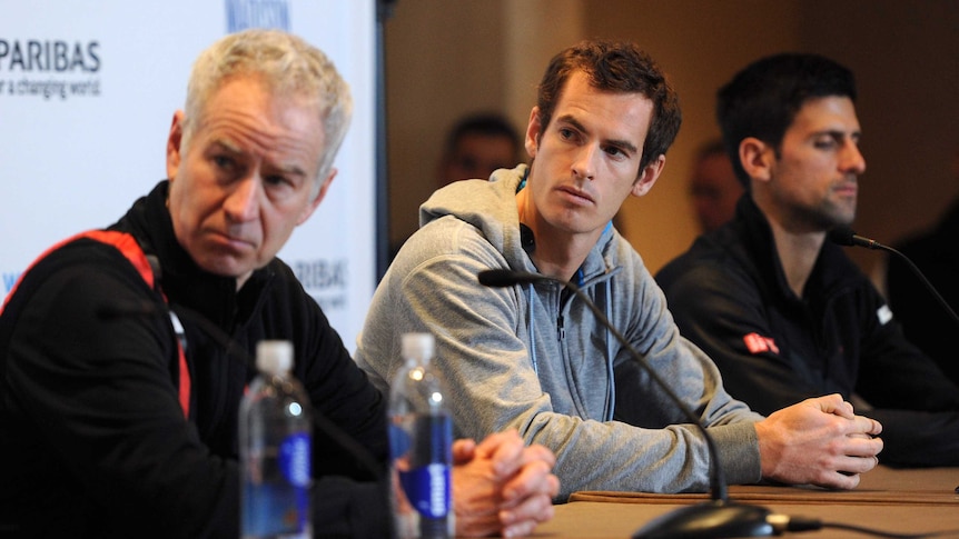 John McEnroe, Andy Murray and Novak Djokovic at a New York press conference in March 2014.