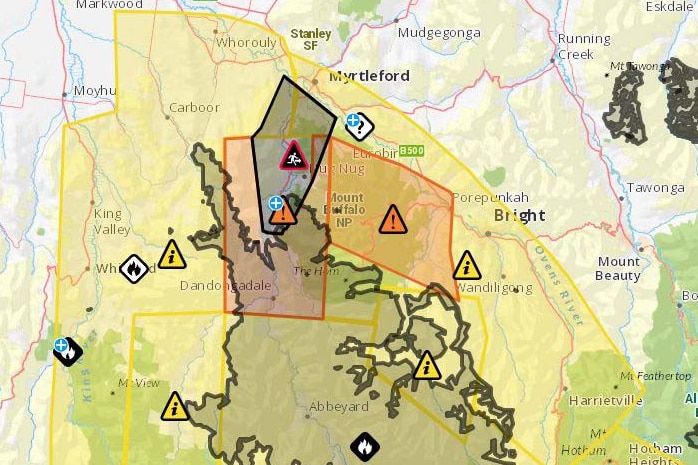 A Vic Emergency map showing the evacuate now warning zone for the Mount Buffalo fire.