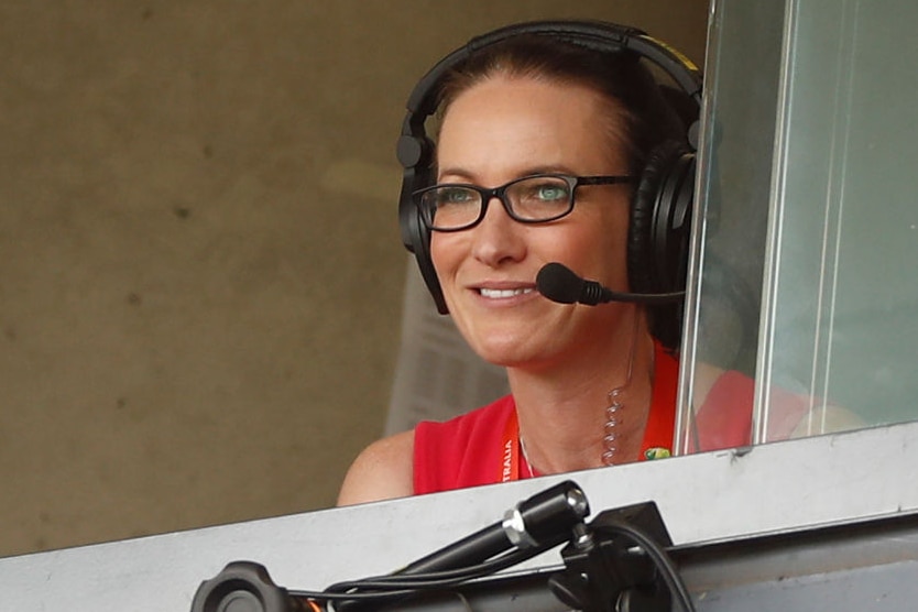 Alison Mitchell commentates during day three of the Third Test match in the series between Australia and New Zealand in 2020.