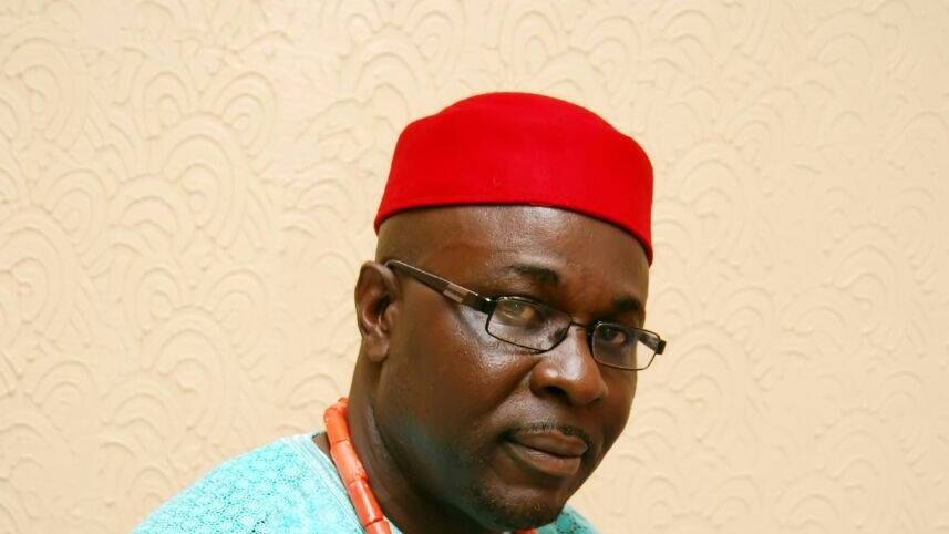 Dr Jideofor Adibe faces the camera wearing a a blue shirt and orange necklace