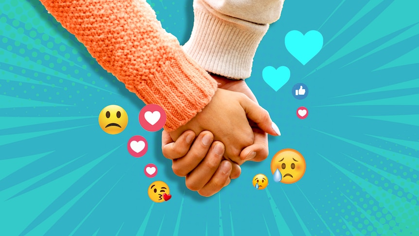 A graphic of holding hands on a blue background with emojis.