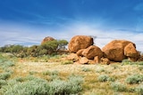 Grass and scrub continue across flat ground, with some boulders in the background under a blue sky