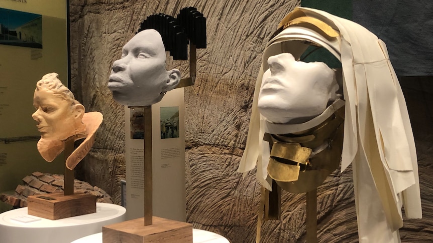 A collection of busts showing female composers Deborah Cheetham Fraillon, Nina Simone and Hildegard von Bingen.