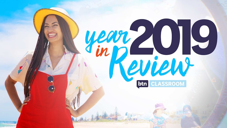 Amelia at the beach next to 'Year in Review 2019' tagline.