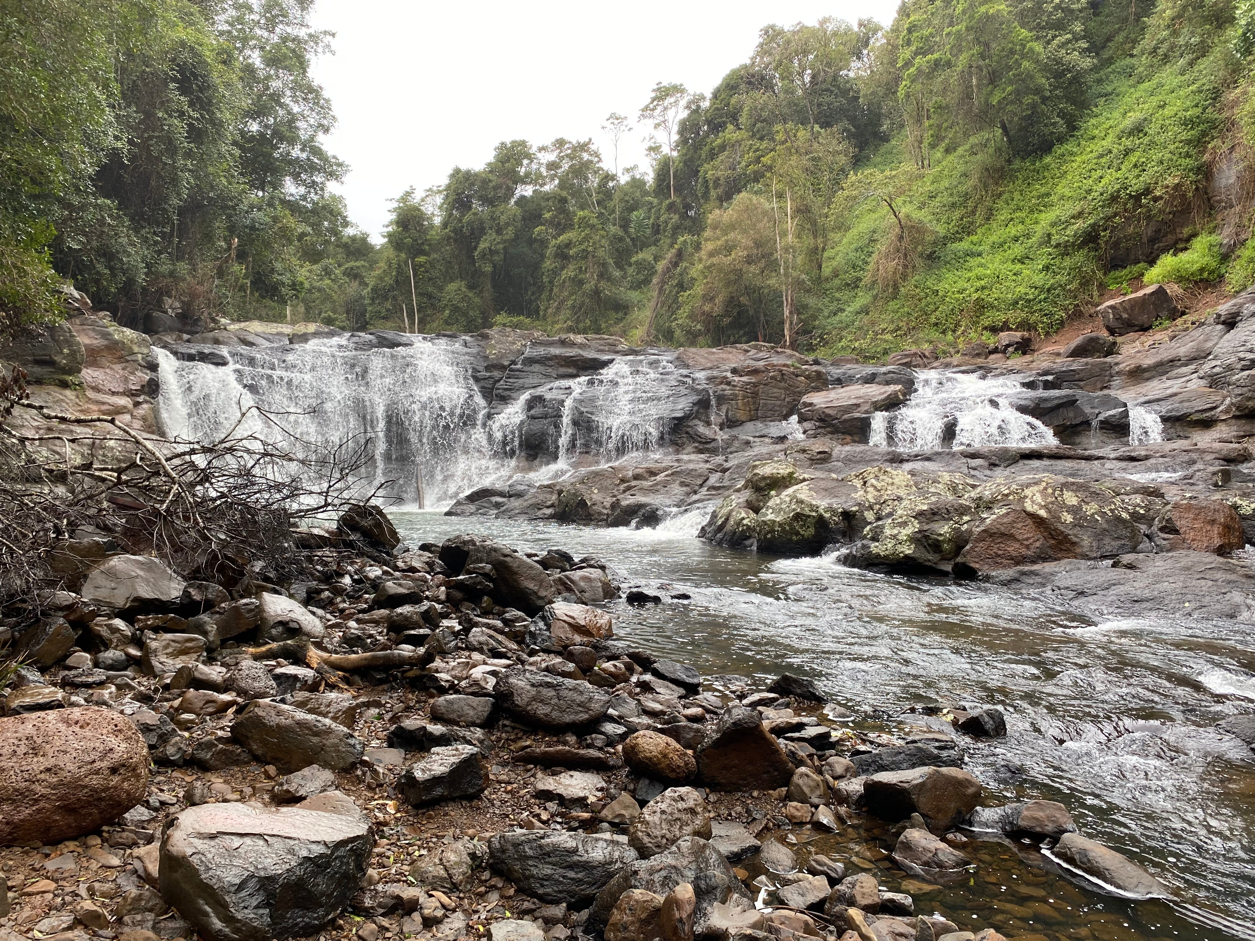 Water flows over rocks.