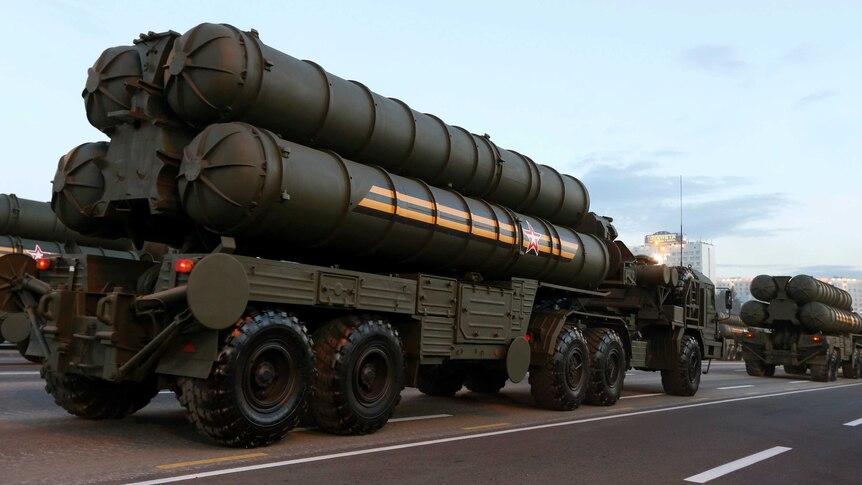 Russian S-400 air defence missile launching systems take part in military parade.