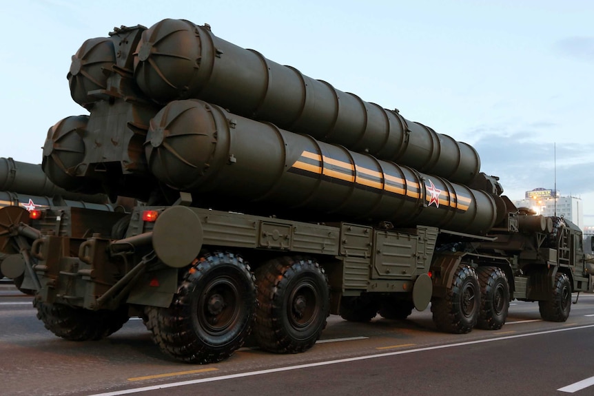 Russian S-400 air defence missile launching systems take part in military parade.