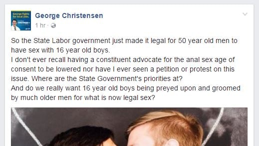 George Christensen Facebook post on anal sex legal change
