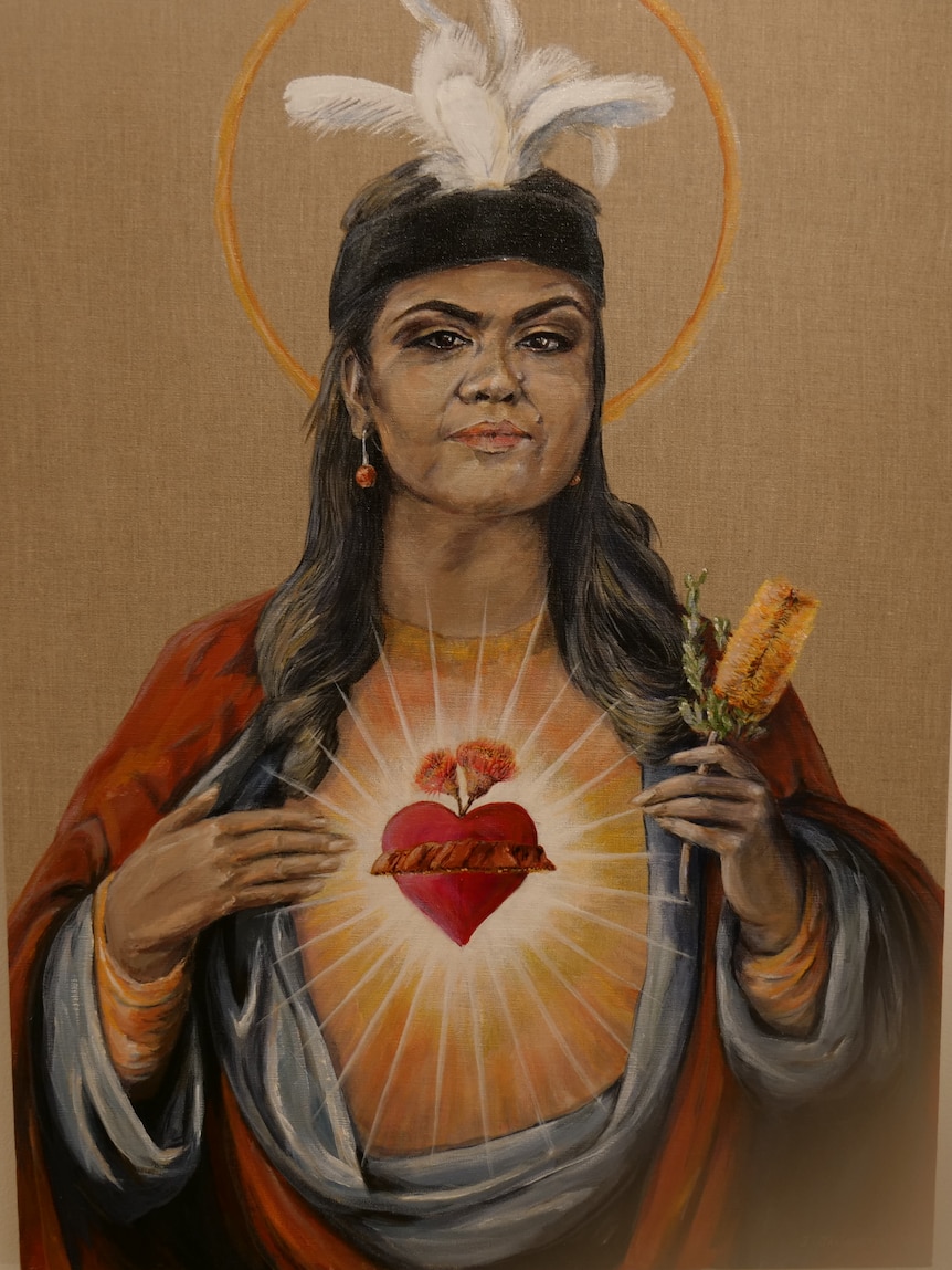 A portrait of Jacinta Nampijinpa Price as an angel with an exposed heart.