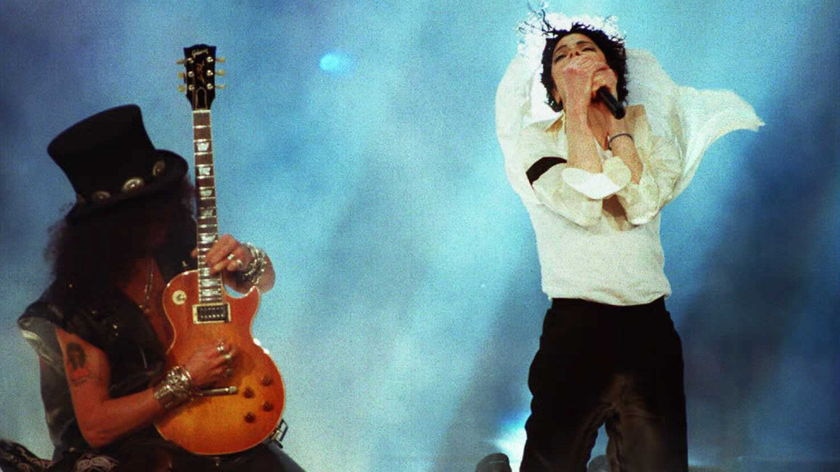 Michael Jackson and Slash from Guns and Roses perform the opening number at the 1995 MTV Video Music Awards at Radio City Music Hall, New York.