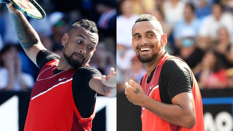 Composite image of Nick Kyrgios smashing a racquet and smiling at the 2022 Australian Open.