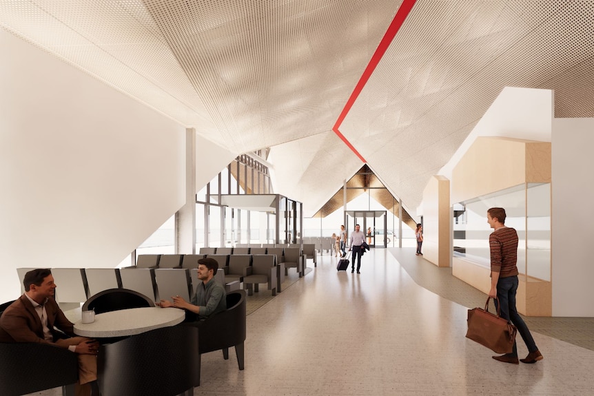 Una imagen conceptual que muestra el interior de una terminal de pasajeros con mesas, sillas y otros asientos