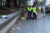 Forensic officers examine and take photos at a Sydney stab scene on 190524