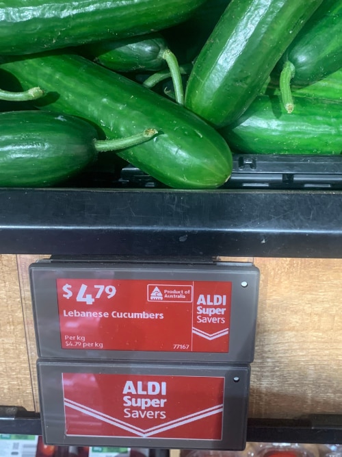 Cucumbers on a supermarket shelf at Aldi with a "super savers" tag.