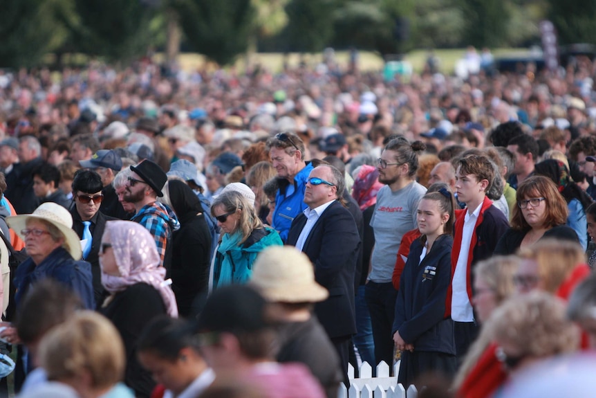 A crowd of people watches on in a park