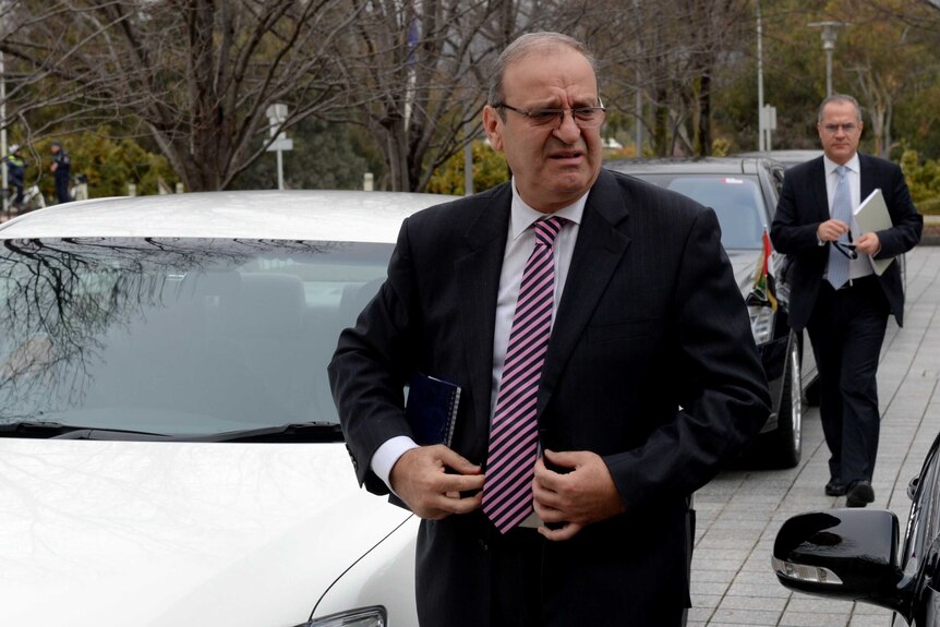 Izzat Abdulhadi, the head of the general delegation of Palestine to Australia arrives at Parliament House in Canberra