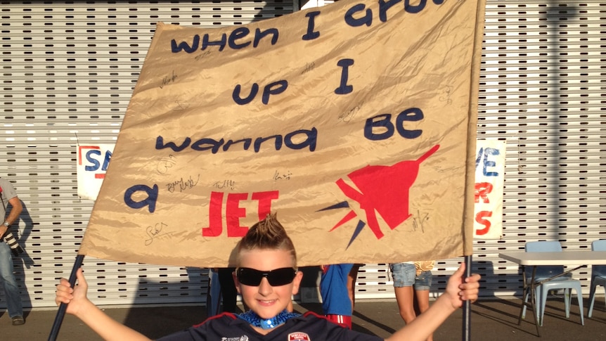 9-year-old Zeke joined other Newcastle Jets fans at rally at Hunter Stadium. April 20, 2012