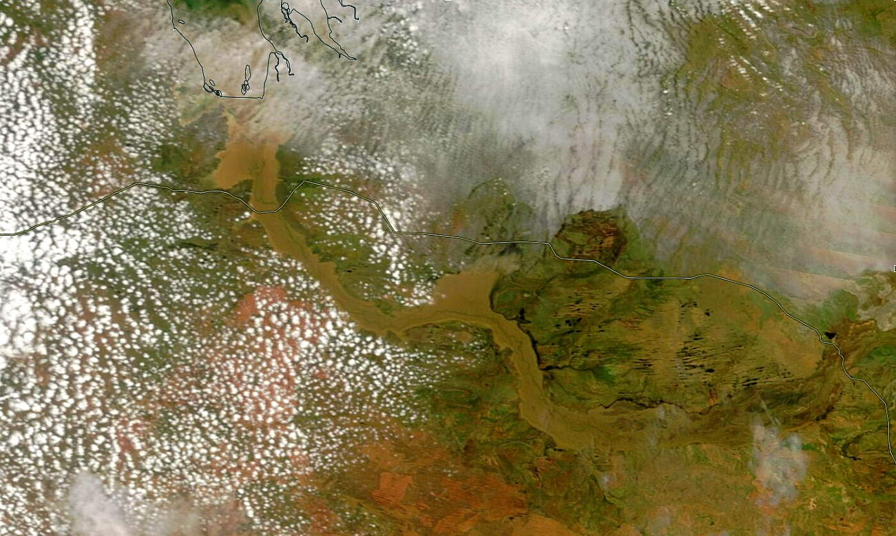 A satellite image of a massive flood plain
