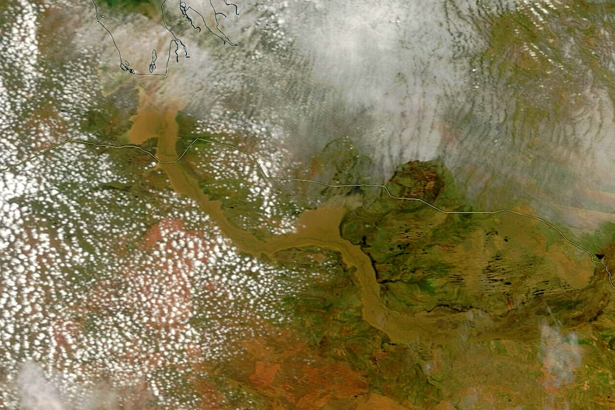 A satellite image of a massive flood plain