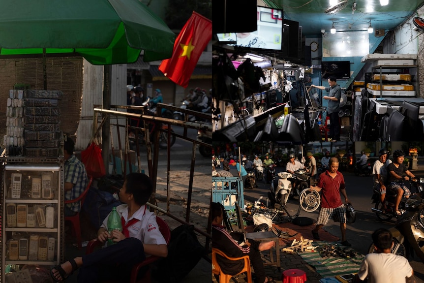 Three images of vendors at Nhat Tao market.