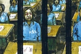 An illustration depicts women sitting at desks behind bars