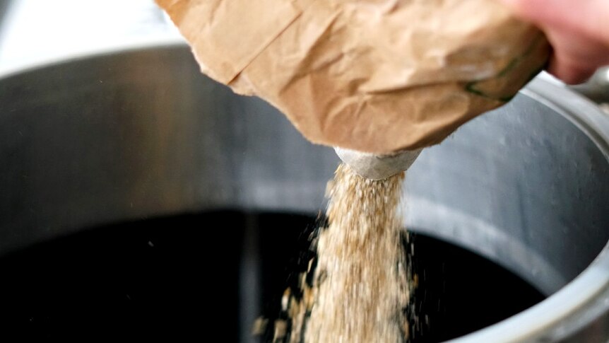 Malt pours into a large keg during brew day at Loophole Brewing Company.