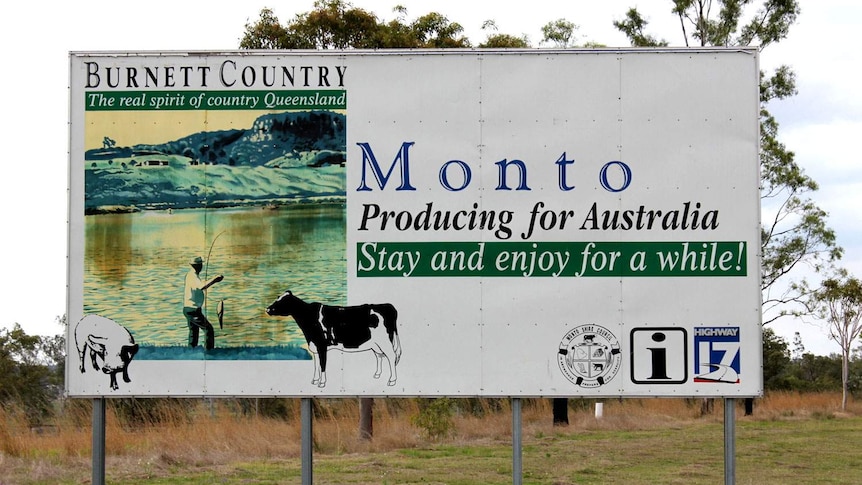 Welcome sign for the community of Monto in southern Qld's North Burnett region