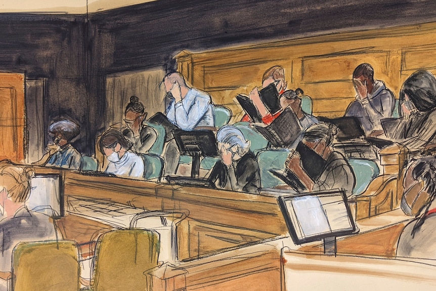 Courtroom sketch of seated jurors in Maxwell trial.