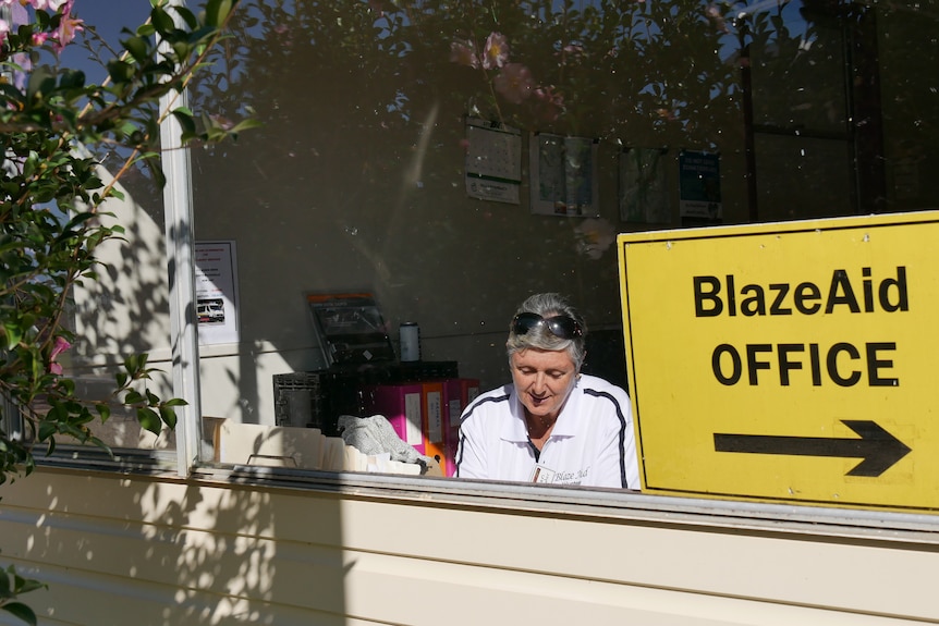 Looking through a window a woman is sitting at a desk doing admin 