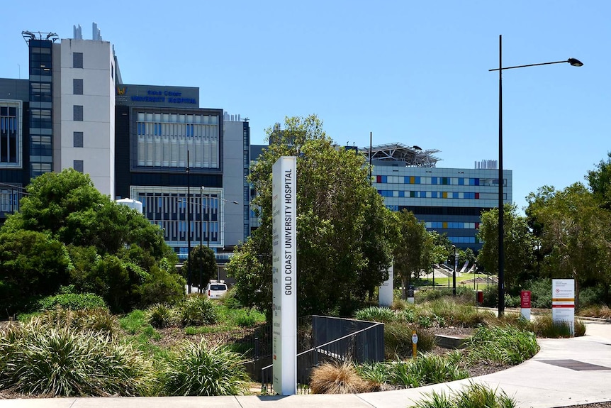 Main entrance to Gold Coast University Hospital in Southport.