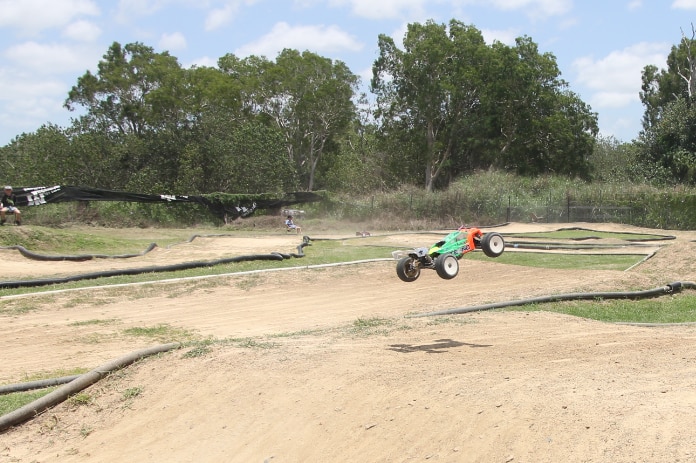 A remote control racecar on a track