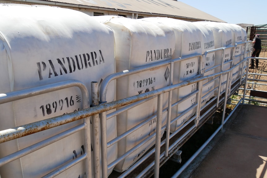 Wool bales in a row with the stations name printed on the bale.