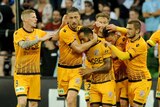 Perth Glory celebrate Castro's goal against Melbourne City