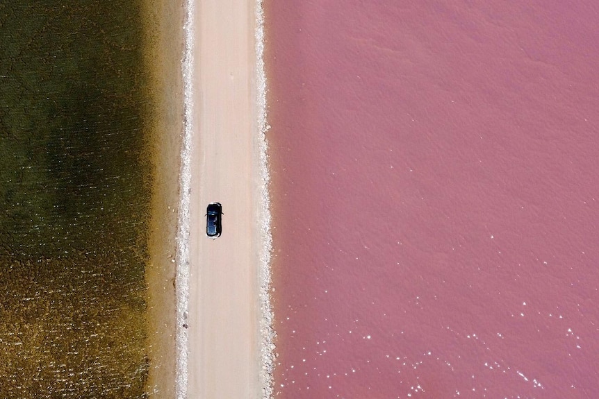 A car driving past a lake that is pink on one side. 