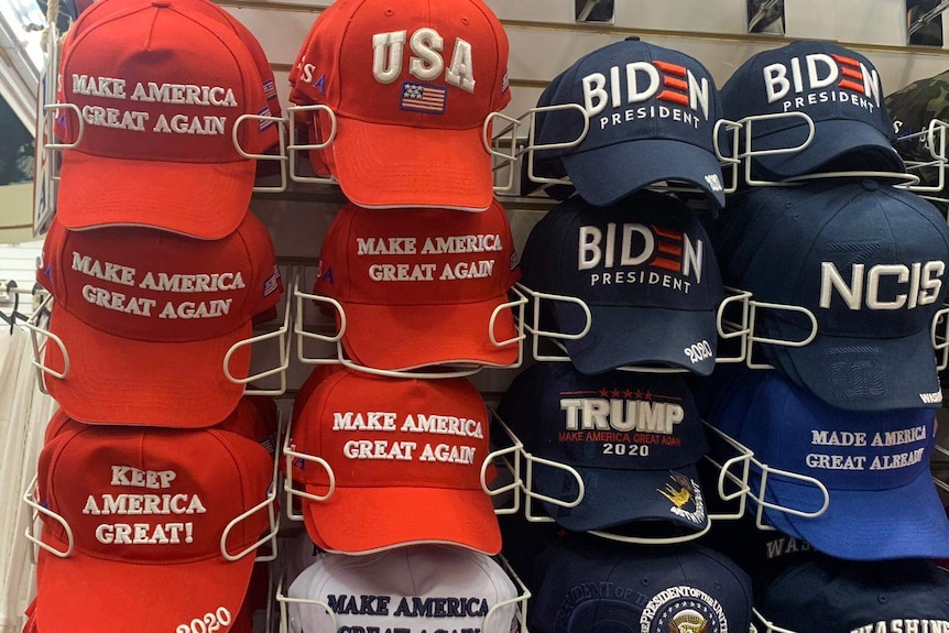 MAGA caps and Joe Biden caps for sale in the US.