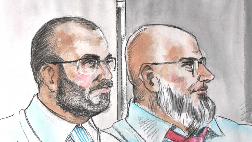A court sketch showing two men, both with beards and glasses, sitting in a courtroom
