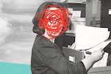 An illustration of a woman opening a filing cabinet with a red scribble over her face