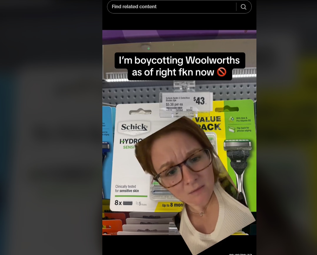 Vivienne Mitchell's face and upper body is superimposed over a picture of razors that has a price tag of $43