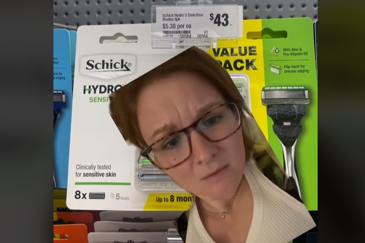 Vivienne Mitchell's face and upper body is superimposed over a picture of razors that has a price tag of $43