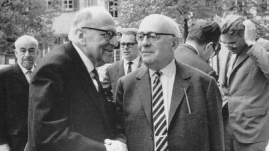 Jewish academics Max Horkheimer (L) and Theodor Adorno (R) in Heidelberg, April 1964.