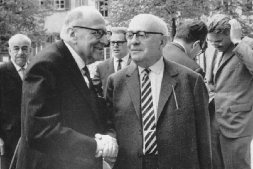 Jewish academics Max Horkheimer (L) and Theodor Adorno (R) in Heidelberg, April 1964.